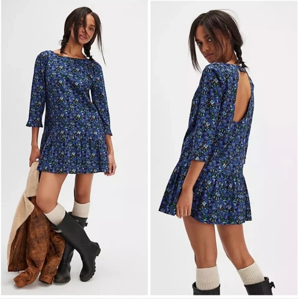 Free People The Avenue Mini Dress Floral Open Back Navy Combo size M